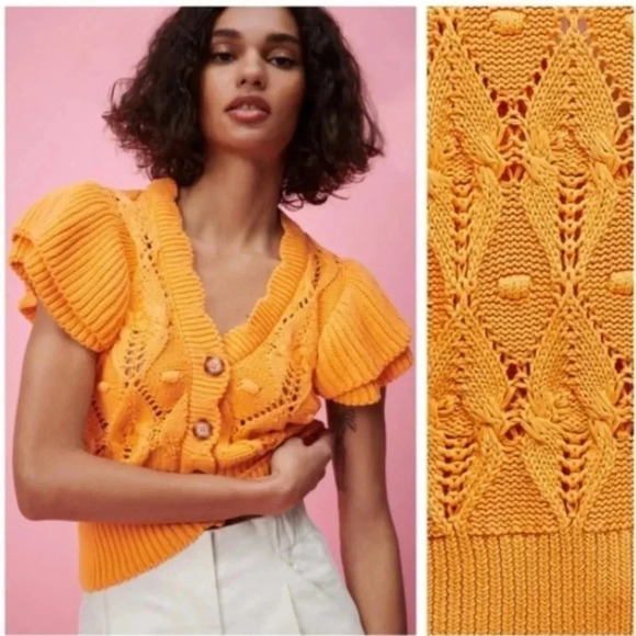 ZARA | Bloggers Fav Orange Knit Ruffled Sleeves Buttoned Short Cardigan Size M - Picture 4 of 15